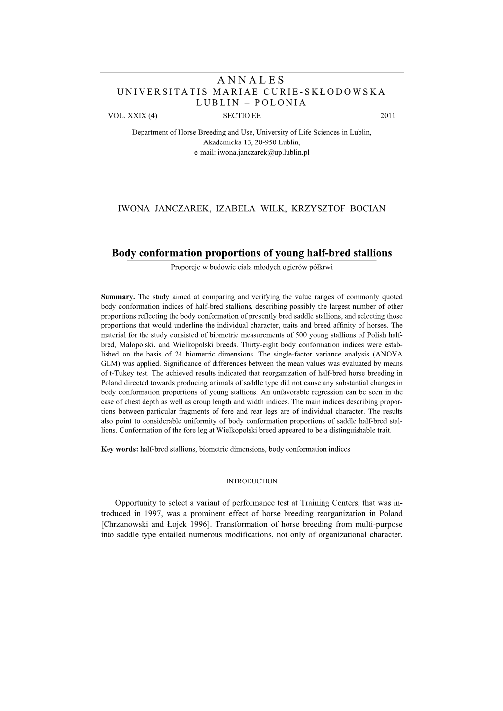 ANNALES Body Conformation Proportions of Young Half-Bred Stallions