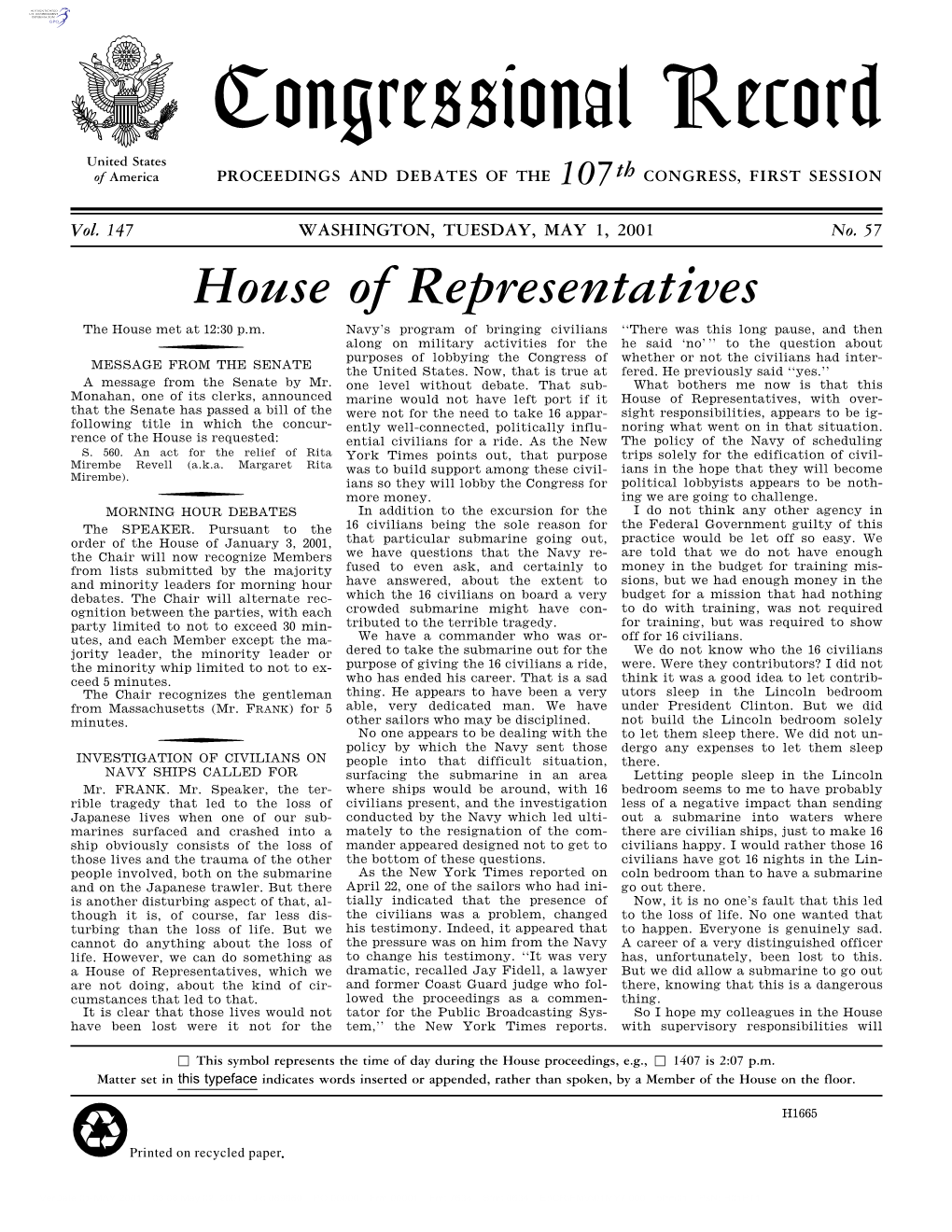 Congressional Record United States of America PROCEEDINGS and DEBATES of the 107Th CONGRESS, FIRST SESSION