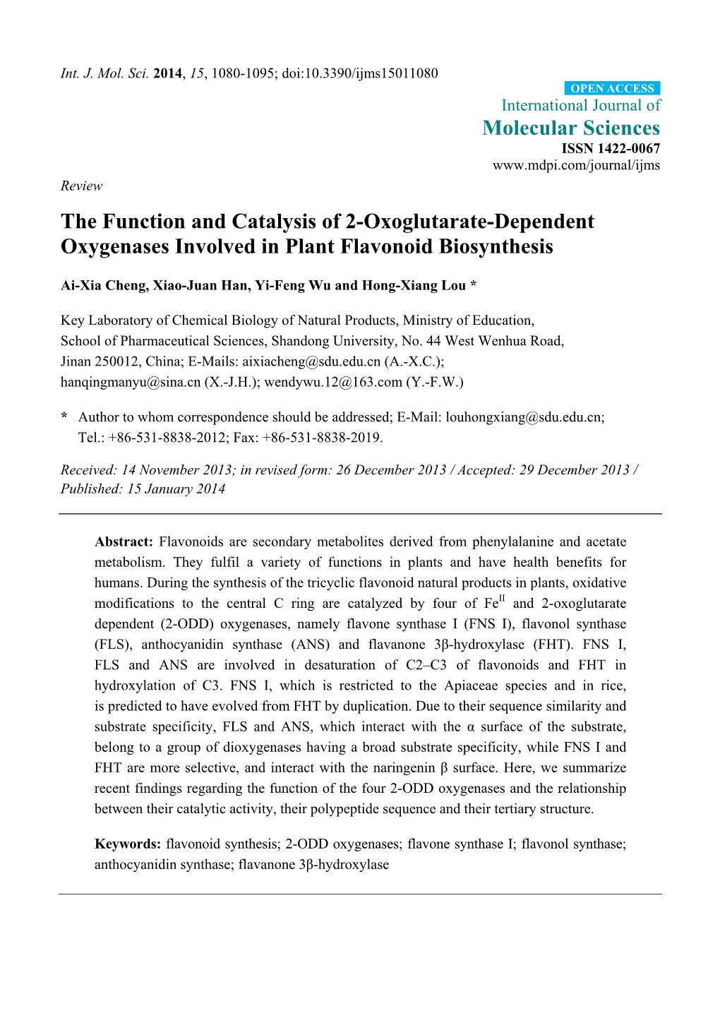 The Function and Catalysis of 2-Oxoglutarate-Dependent Oxygenases Involved in Plant Flavonoid Biosynthesis