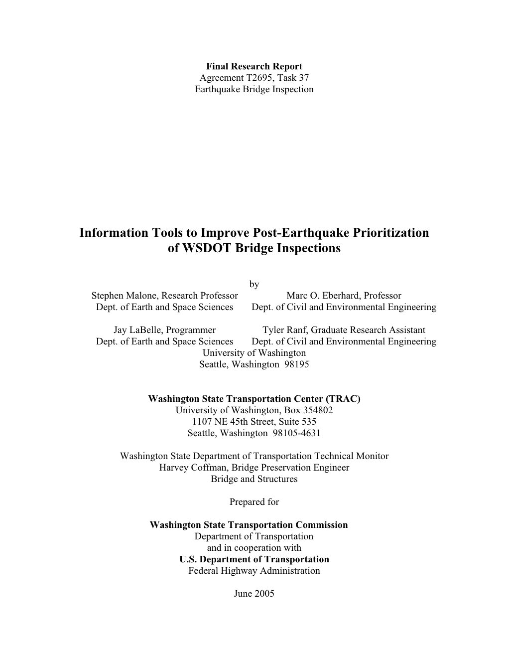 Information Tools to Improve Post-Earthquake Prioritization of WSDOT Bridge Inspections