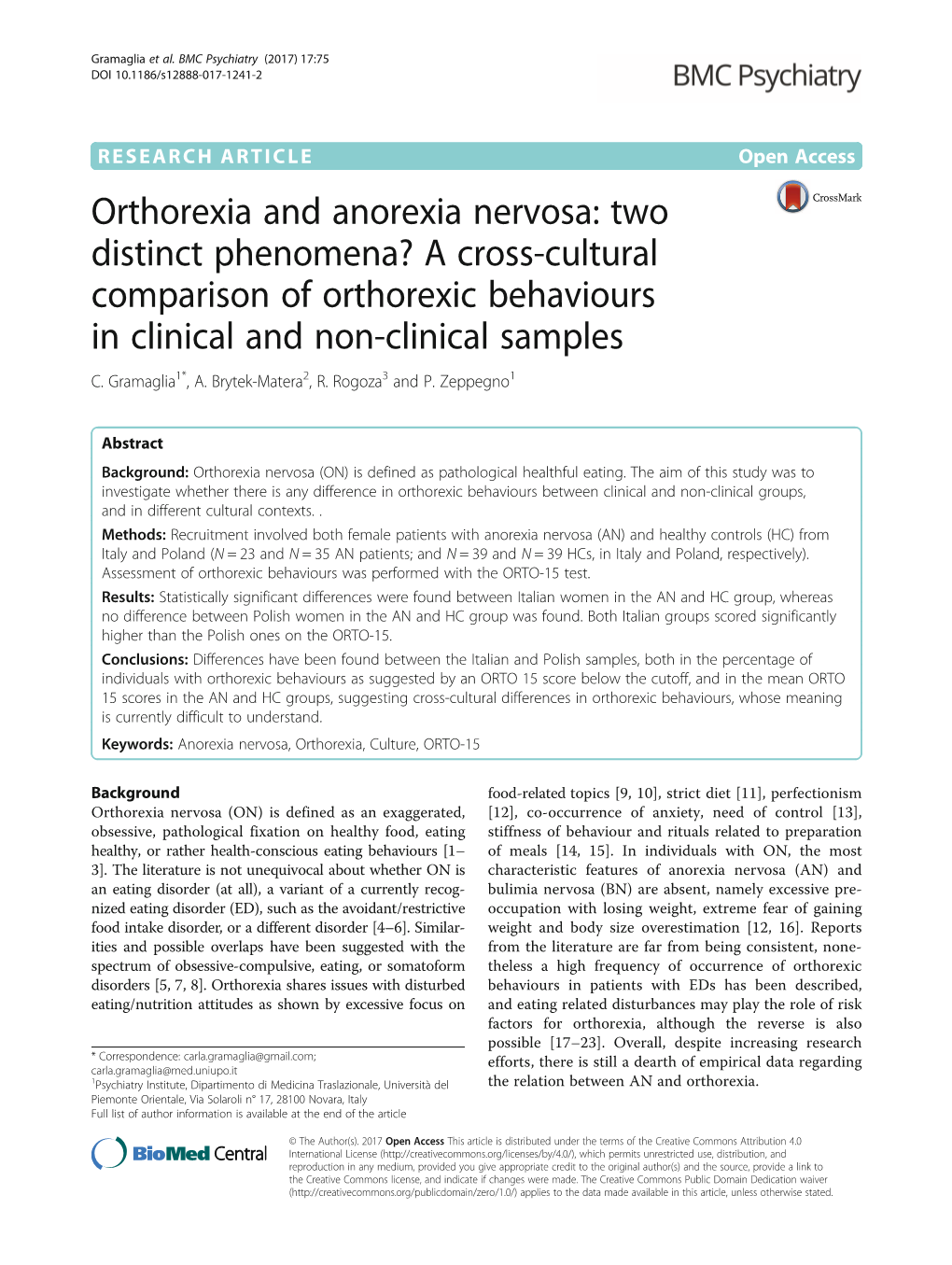 Orthorexia and Anorexia Nervosa: Two Distinct Phenomena? a Cross-Cultural Comparison of Orthorexic Behaviours in Clinical and Non-Clinical Samples C