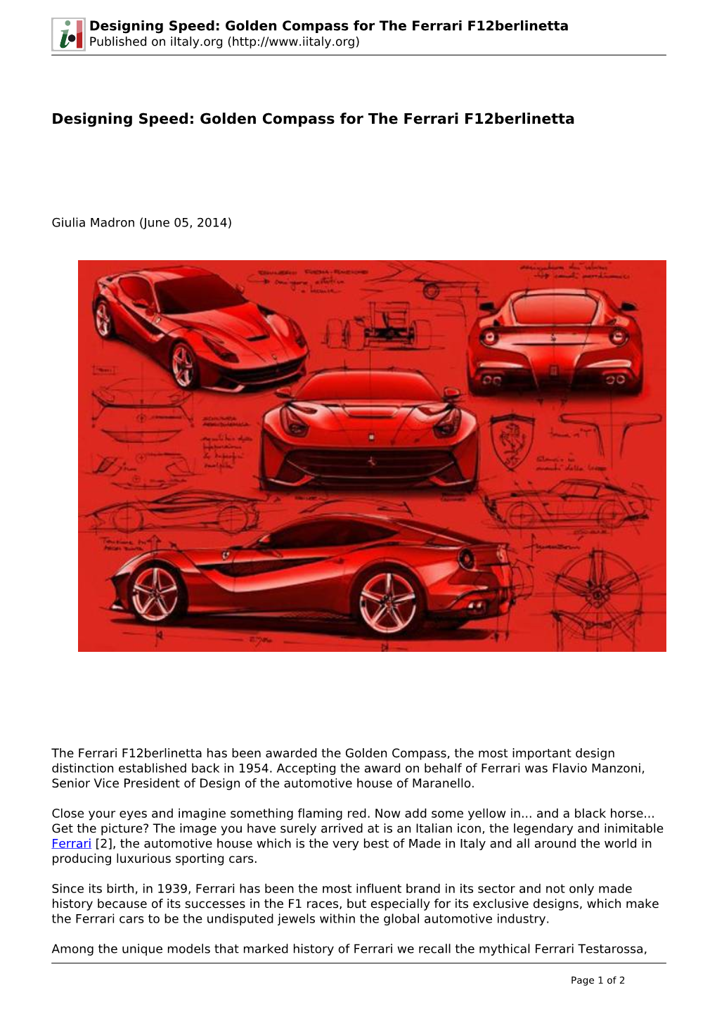 Designing Speed: Golden Compass for the Ferrari F12berlinetta Published on Iitaly.Org (