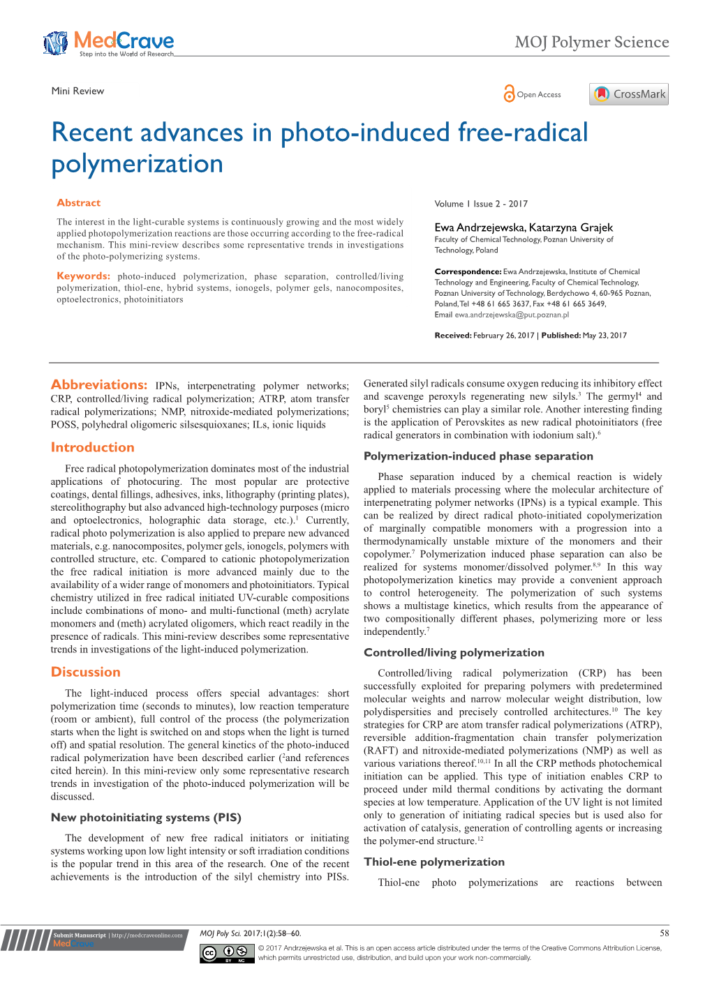 Recent Advances in Photo-Induced Free-Radical Polymerization