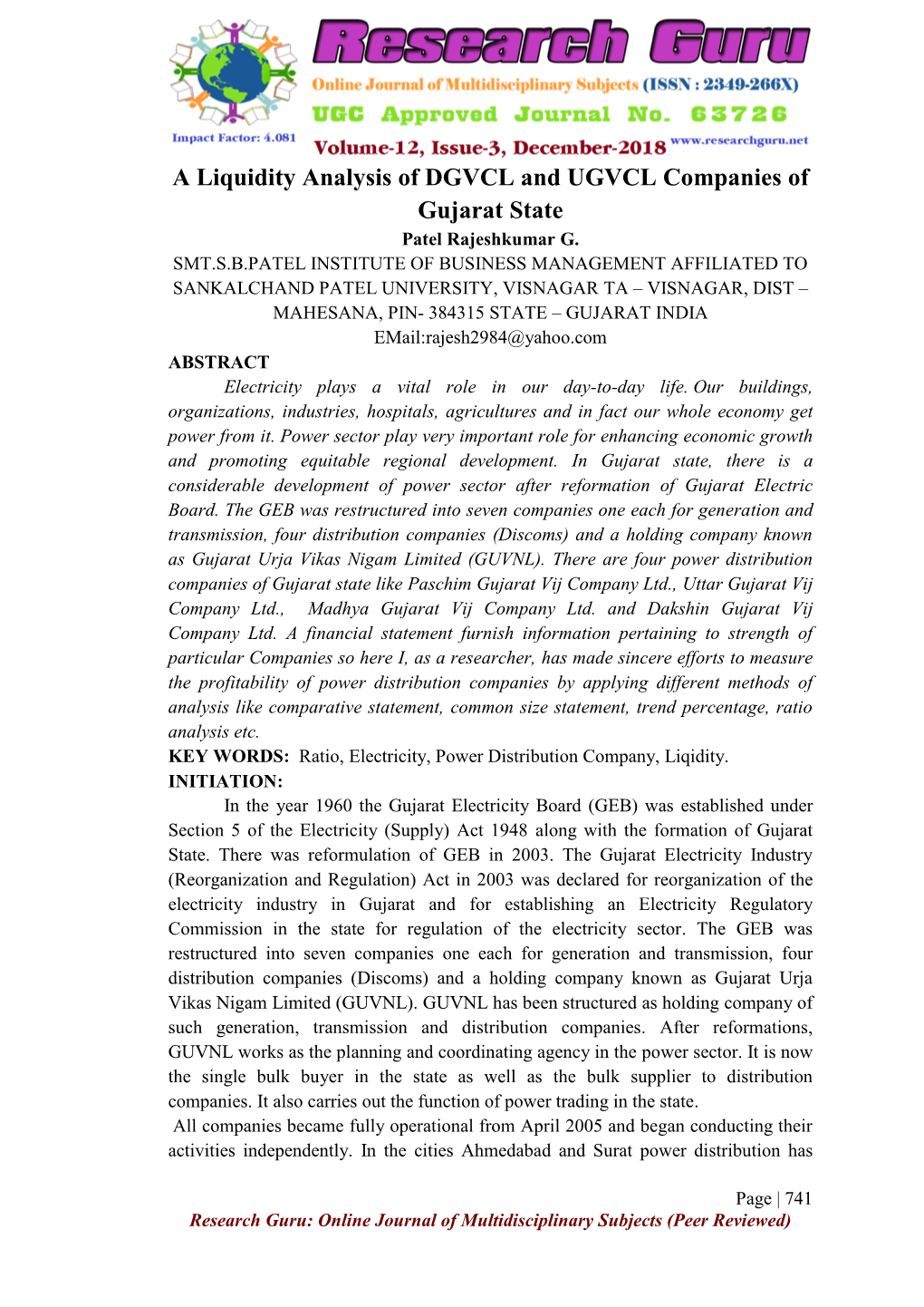 A Liquidity Analysis of DGVCL and UGVCL Companies of Gujarat State Patel Rajeshkumar G