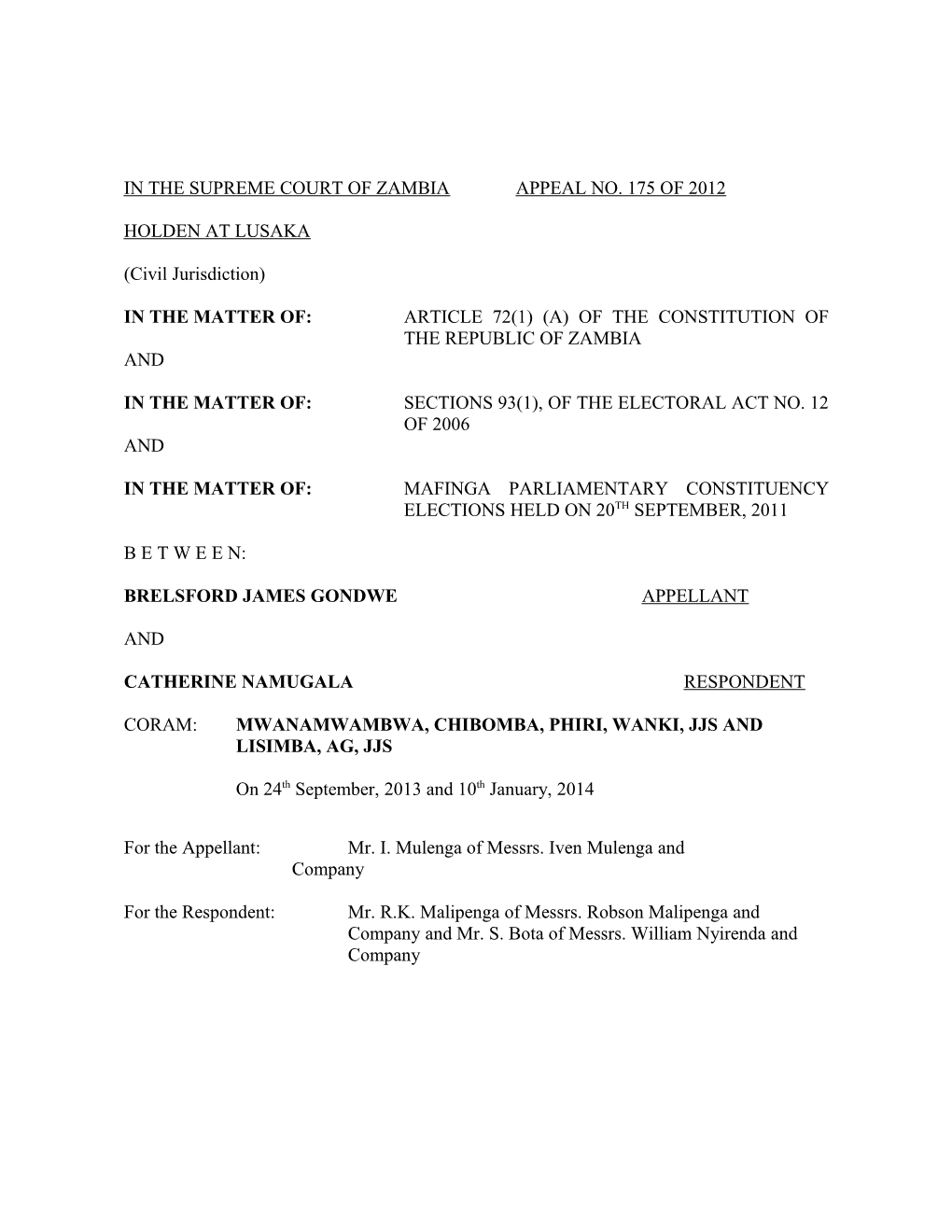 In the Supreme Court of Zambia Appeal No. 175 of 2012