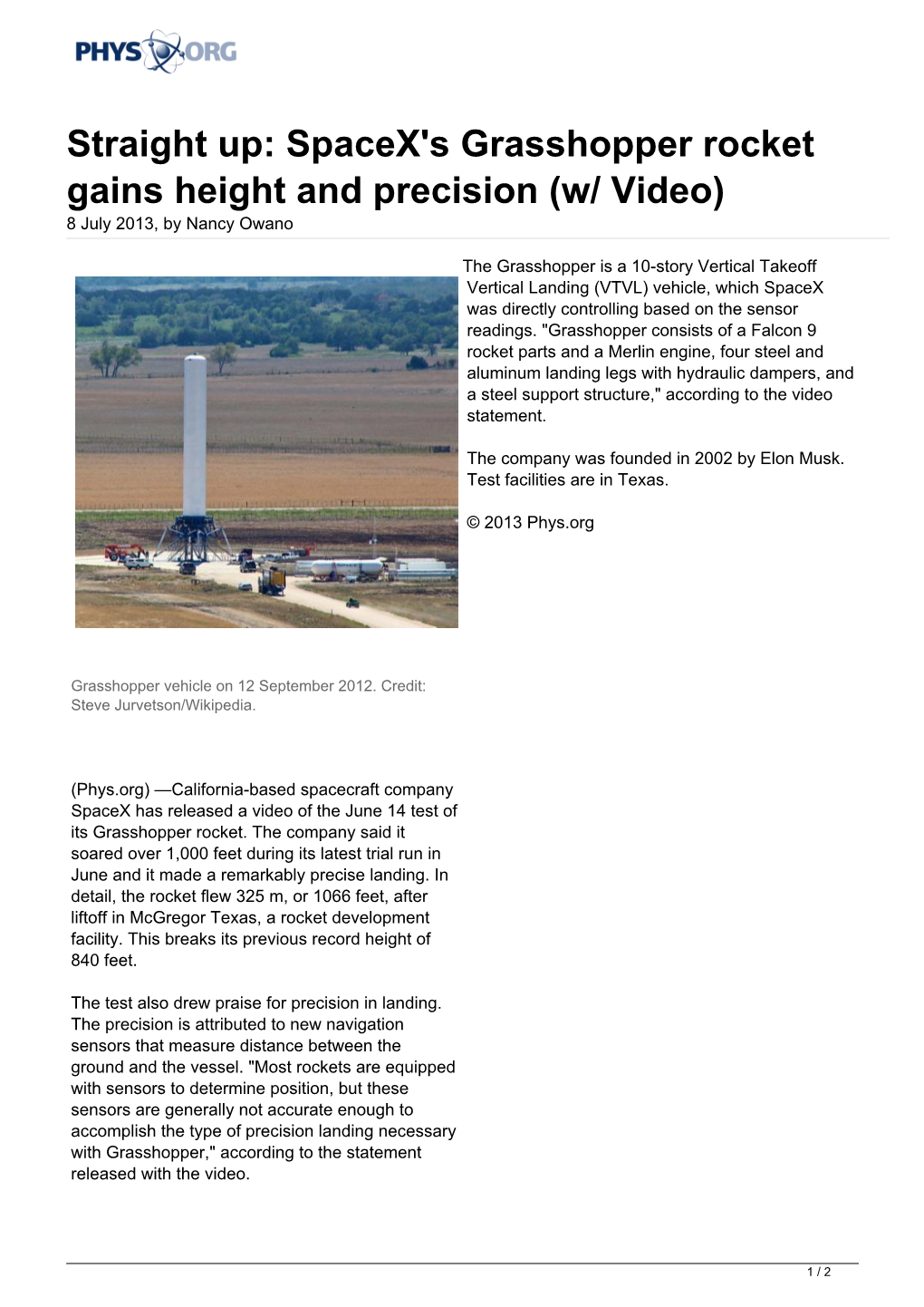 Spacex's Grasshopper Rocket Gains Height and Precision (W/ Video) 8 July 2013, by Nancy Owano