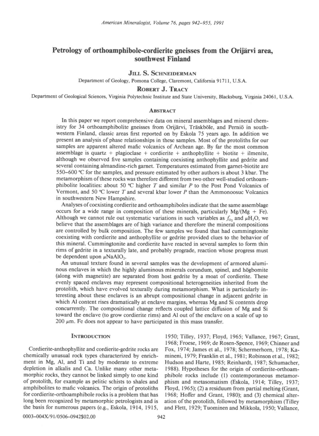 Petrology of Orthoamphibole-Cordierite Gneisses