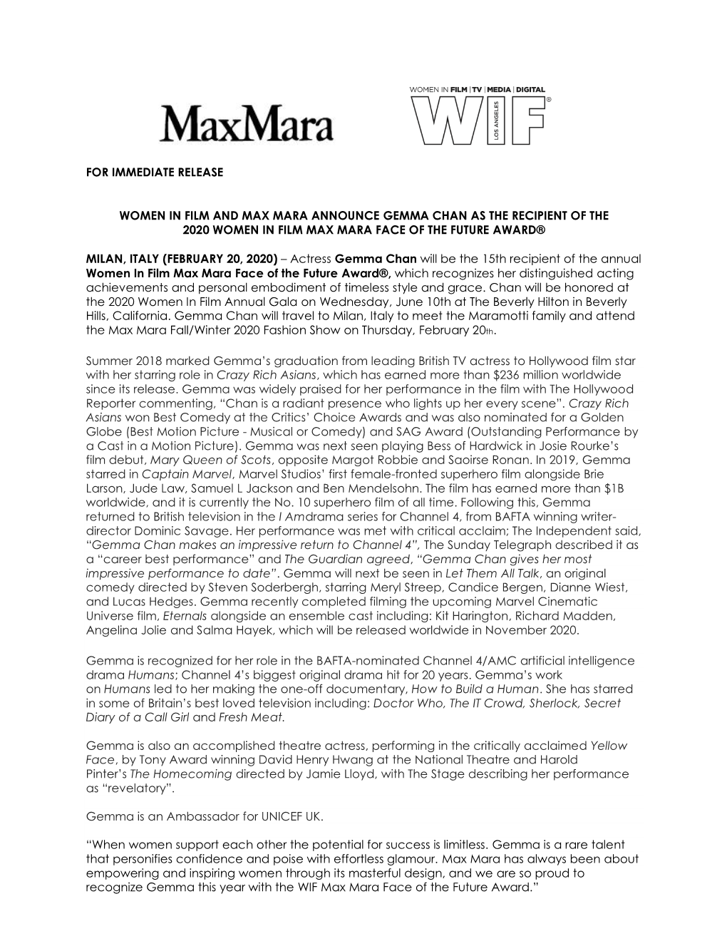 WIF and Max Mara Announce Gemma Chan As the Recipient of the 2002 WIF Max Mara