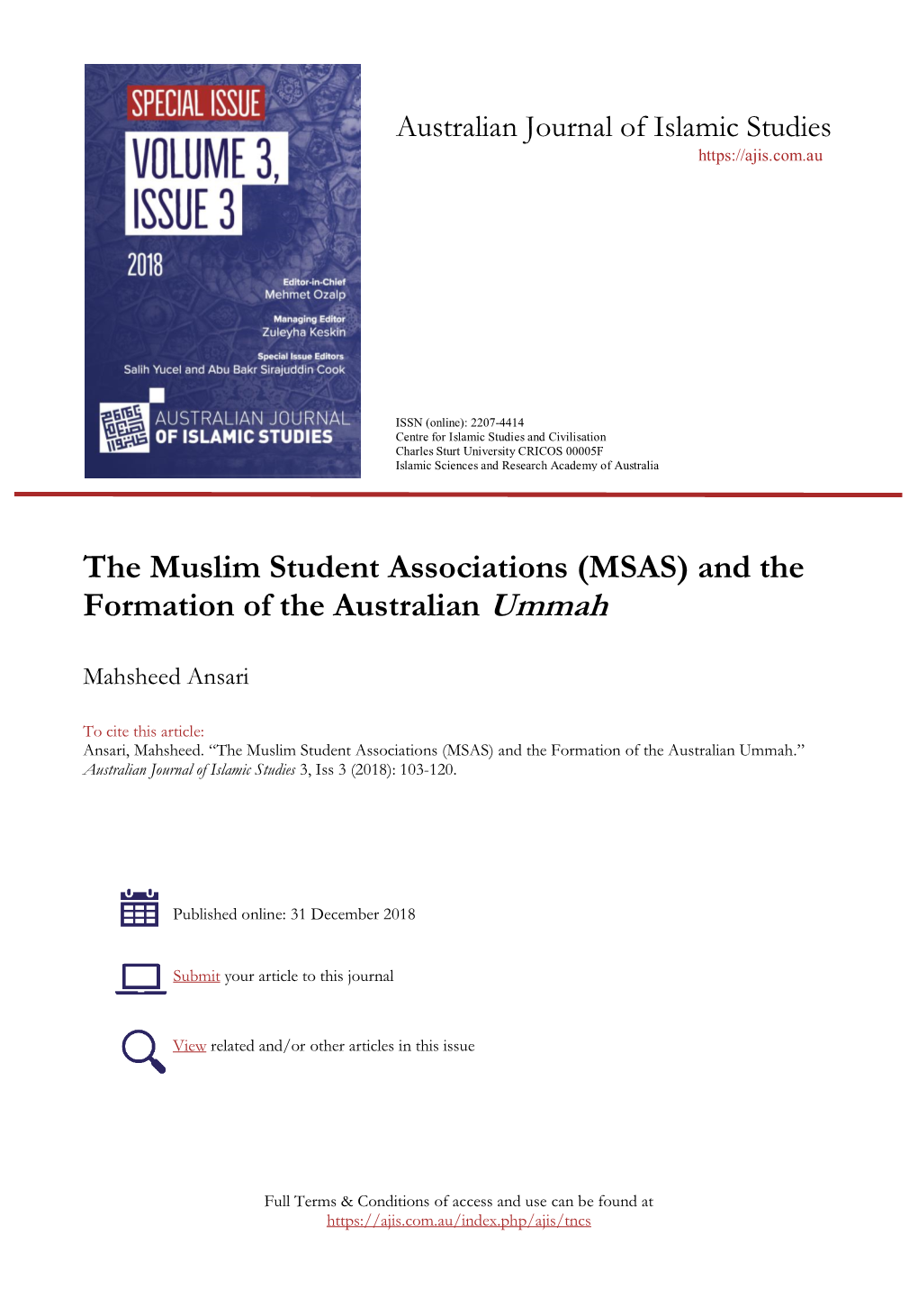 The Muslim Student Associations (MSAS) and the Formation of the Australian Ummah