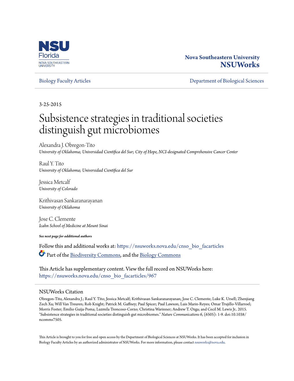 Subsistence Strategies in Traditional Societies Distinguish Gut Microbiomes Alexandra J