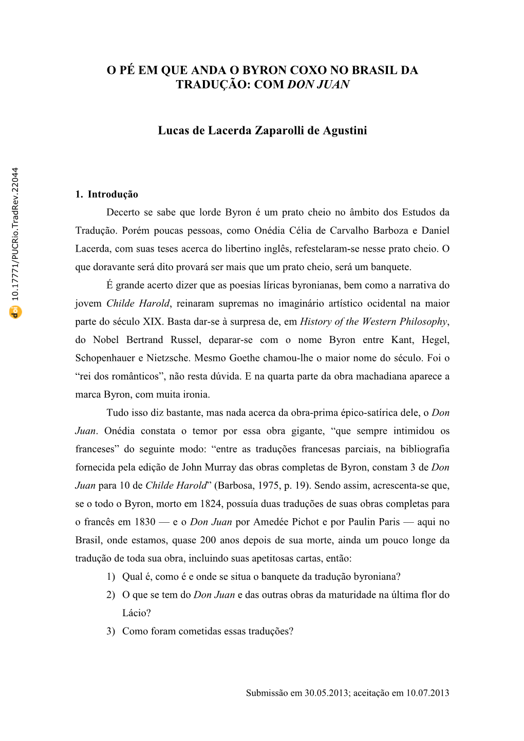 O Pé Em Que Anda O Byron Coxo No Brasil Da Tradução: Com Don Juan