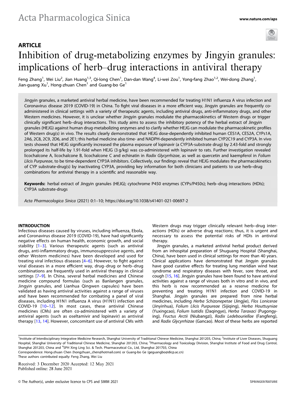 Inhibition of Drug-Metabolizing Enzymes by Jingyin Granules: Implications of Herb–Drug Interactions in Antiviral Therapy
