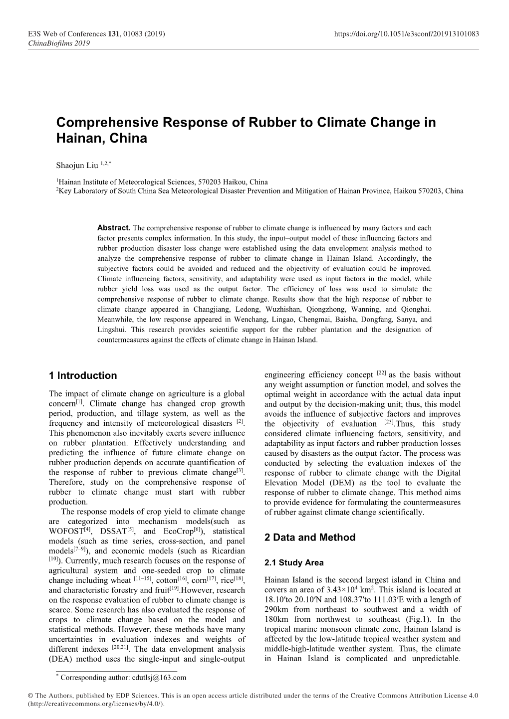 Comprehensive Response of Rubber to Climate Change in Hainan, China
