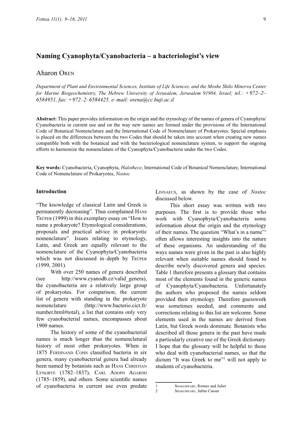 Naming Cyanophyta/Cyanobacteria – a Bacteriologist’S View