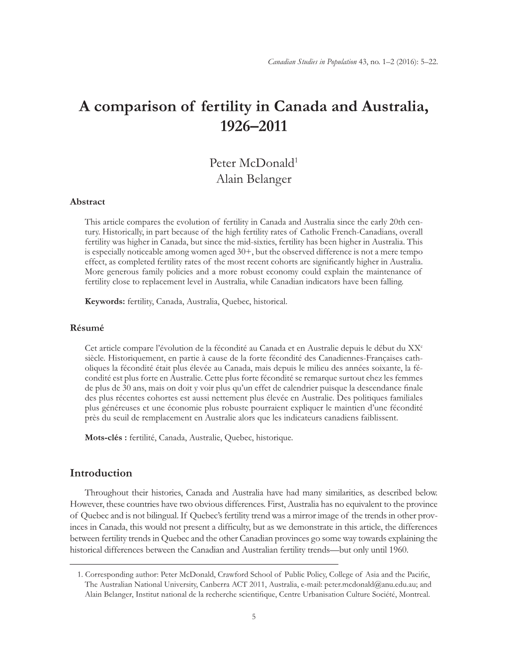 A Comparison of Fertility in Canada and Australia, 1926–2011
