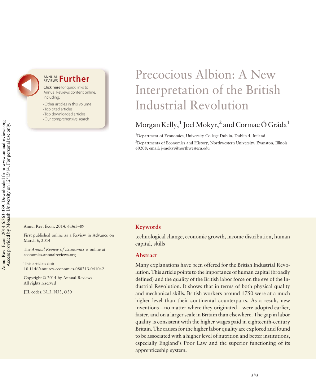 Precocious Albion: a New Interpretation of the British Industrial Revolution