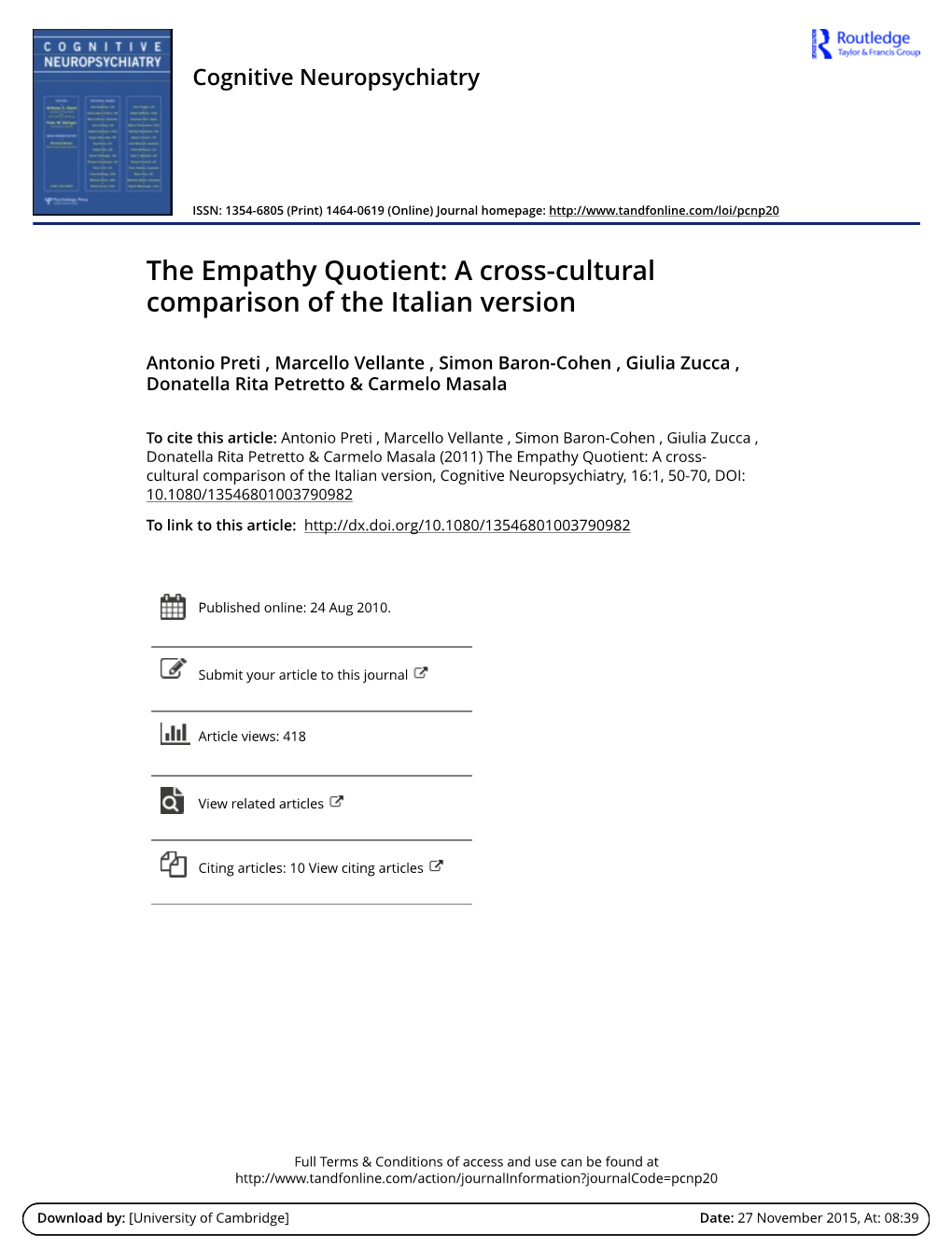 The Empathy Quotient: a Cross-Cultural Comparison of the Italian Version