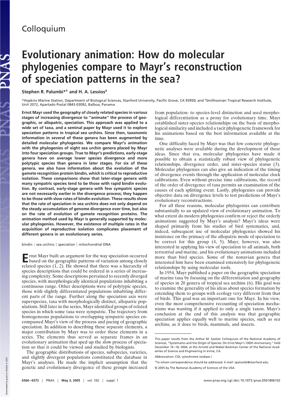 Evolutionary Animation: How Do Molecular Phylogenies Compare to Mayr’S Reconstruction of Speciation Patterns in the Sea?