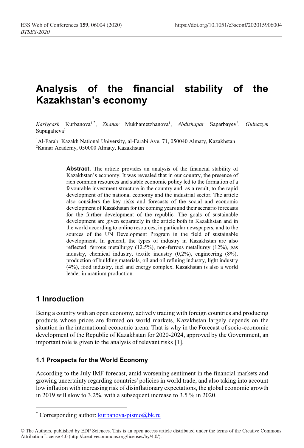 Analysis of the Financial Stability of the Kazakhstan's Economy