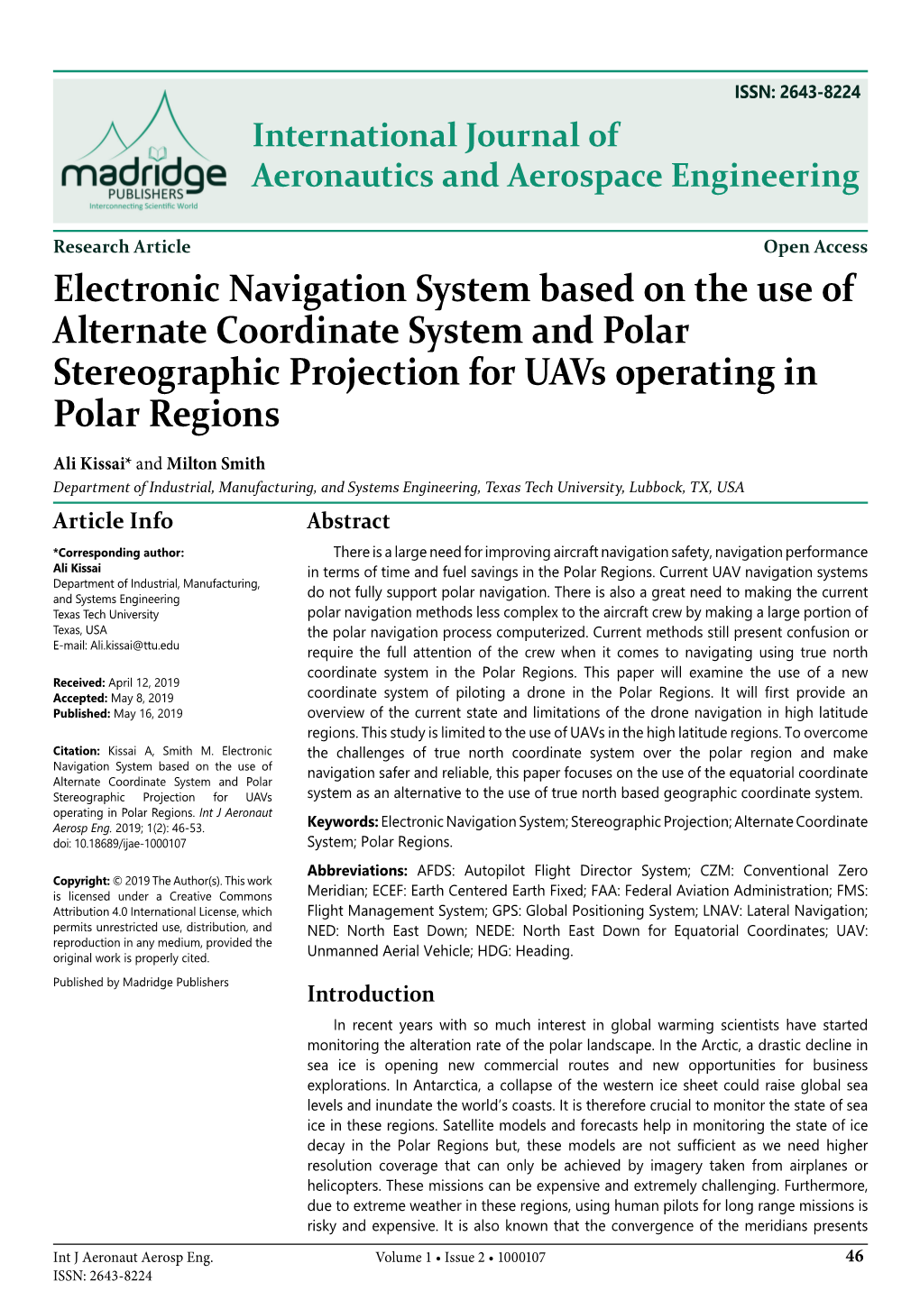 Electronic Navigation System Based on the Use of Alternate Coordinate System and Polar Stereographic Projection for Uavs Operating in Polar Regions