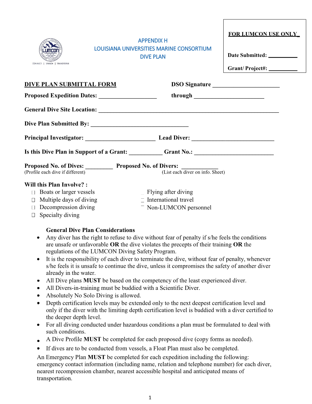 LUMCON Dive Plan Form