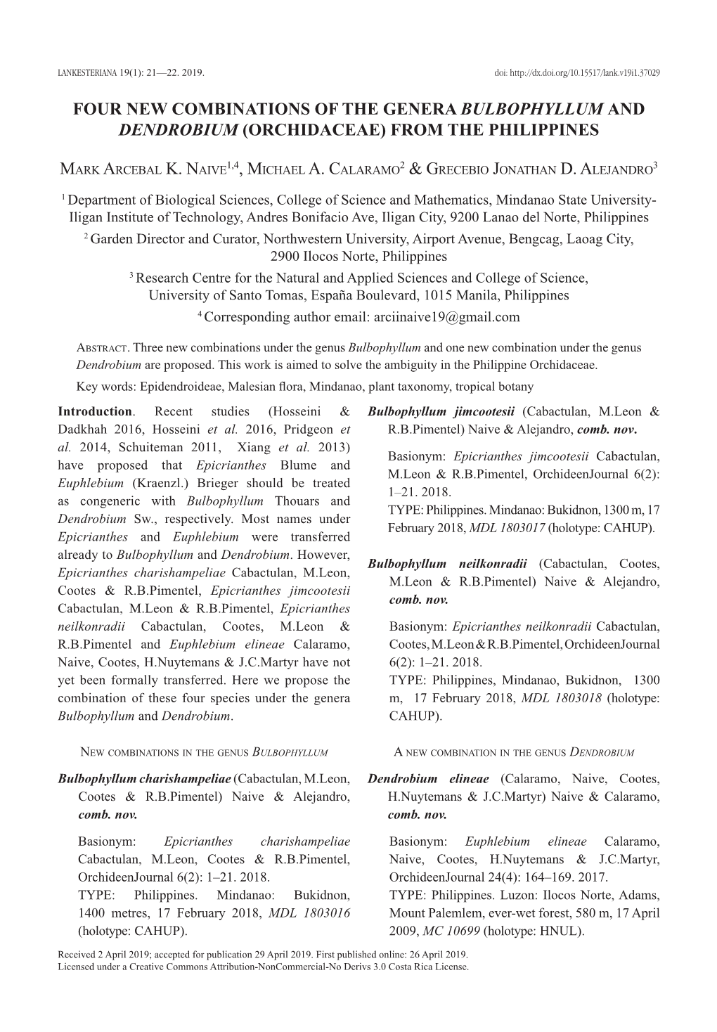 Four New Combinations of the Genera Bulbophyllum and Dendrobium (Orchidaceae) from the Philippines