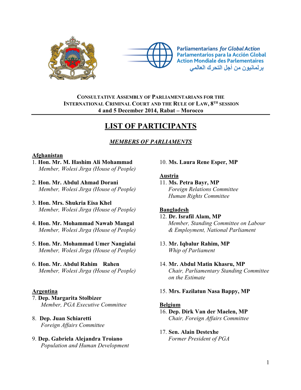 CONSULTATIVE ASSEMBLY of PARLIAMENTARIANS for the INTERNATIONAL CRIMINAL COURT and the RULE of LAW, 8TH SESSION 4 and 5 December 2014, Rabat – Morocco