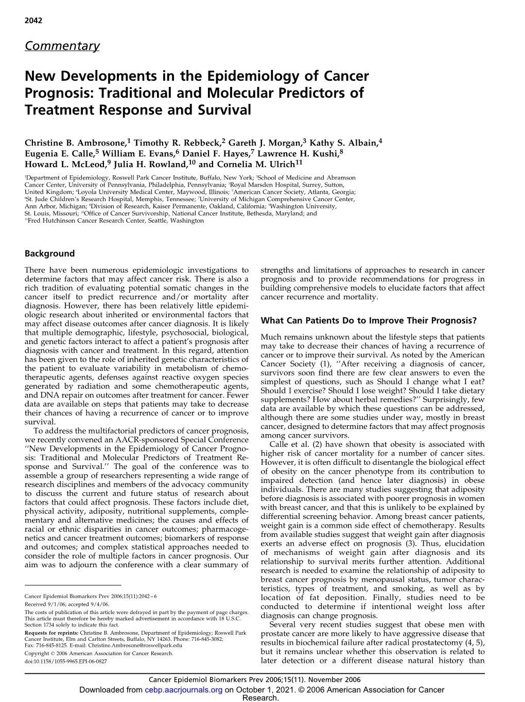 New Developments in the Epidemiology of Cancer Prognosis: Traditional and Molecular Predictors of Treatment Response and Survival