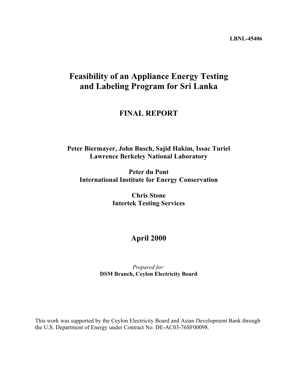 Feasibility of an Appliance Energy Testing and Labeling Program for Sri Lanka