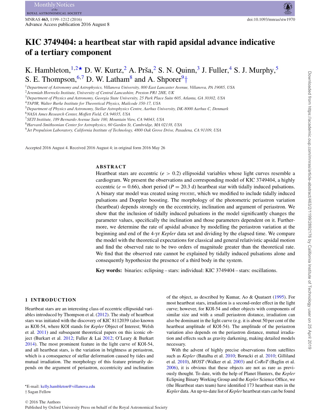 KIC 3749404: a Heartbeat Star with Rapid Apsidal Advance Indicative of a Tertiary Component