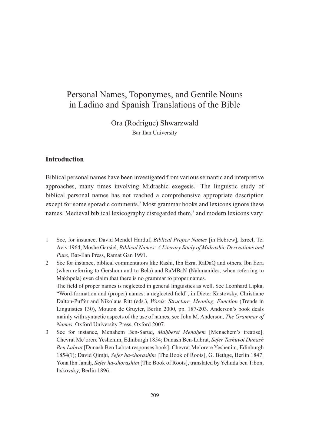 Personal Names, Toponymes, and Gentile Nouns in Ladino and Spanish Translations of the Bible