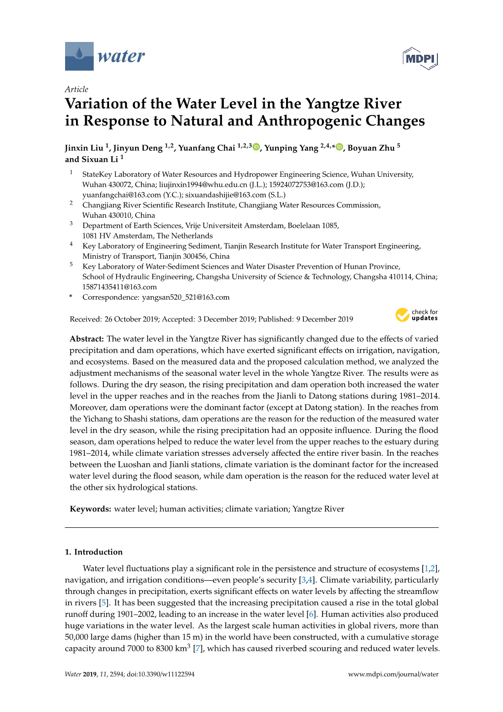 Variation of the Water Level in the Yangtze River in Response to Natural and Anthropogenic Changes