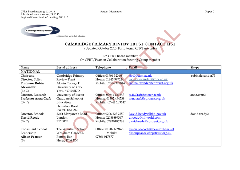 CAMBRIDGE PRIMARY REVIEW TRUST CONTACT LIST (Updated October 2013