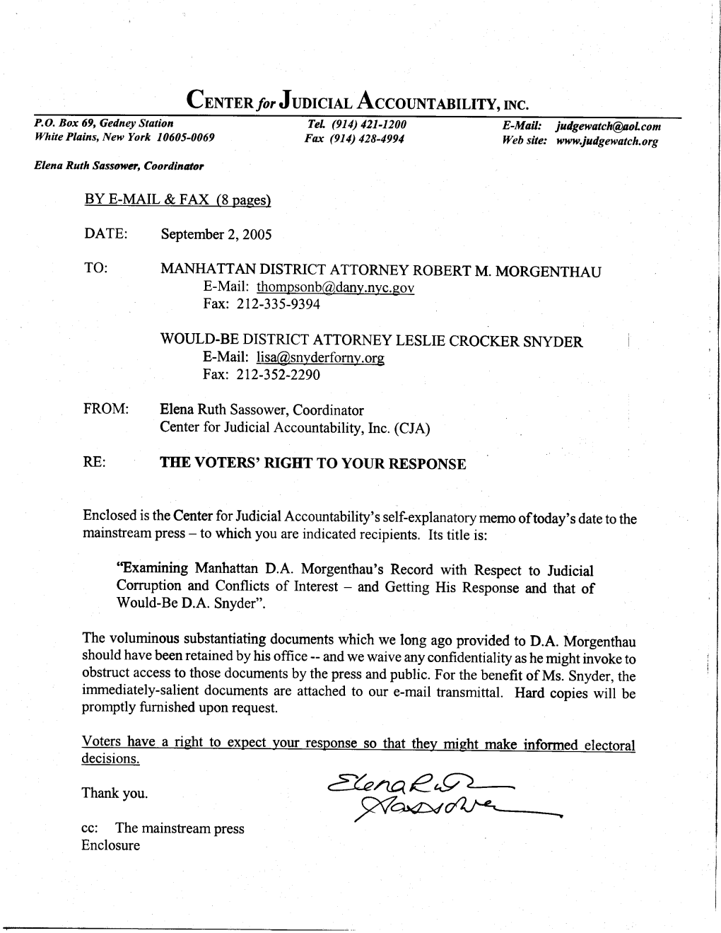 CJA's September 2, 2005 Memo to D.A. Morgenthau