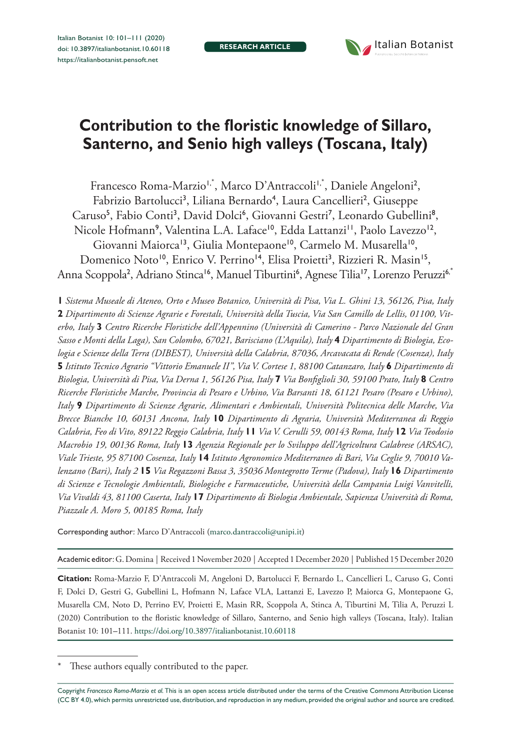 Contribution to the Floristic Knowledge of Sillaro, Santerno, and Senio High Valleys (Toscana, Italy)