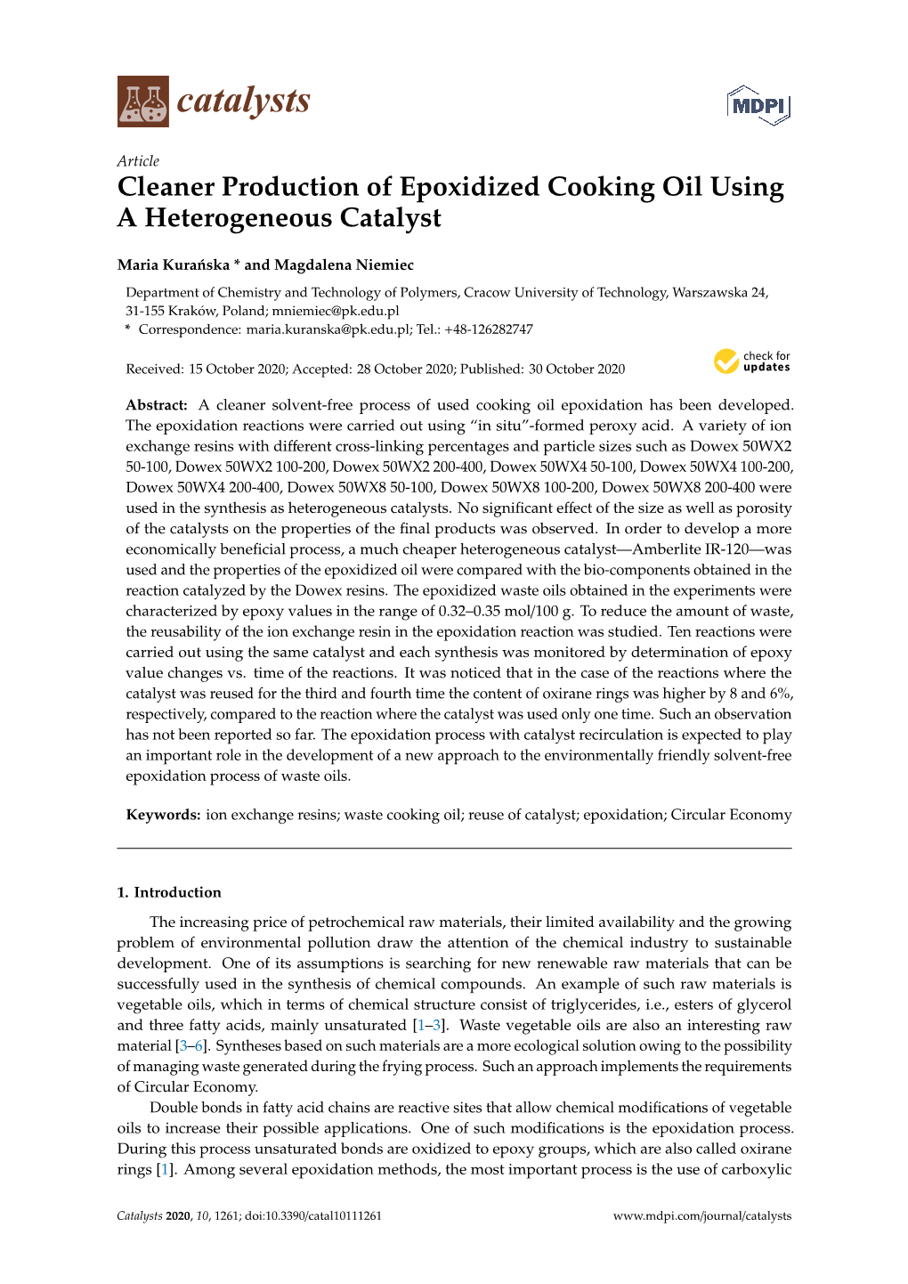 Cleaner Production of Epoxidized Cooking Oil Using a Heterogeneous Catalyst