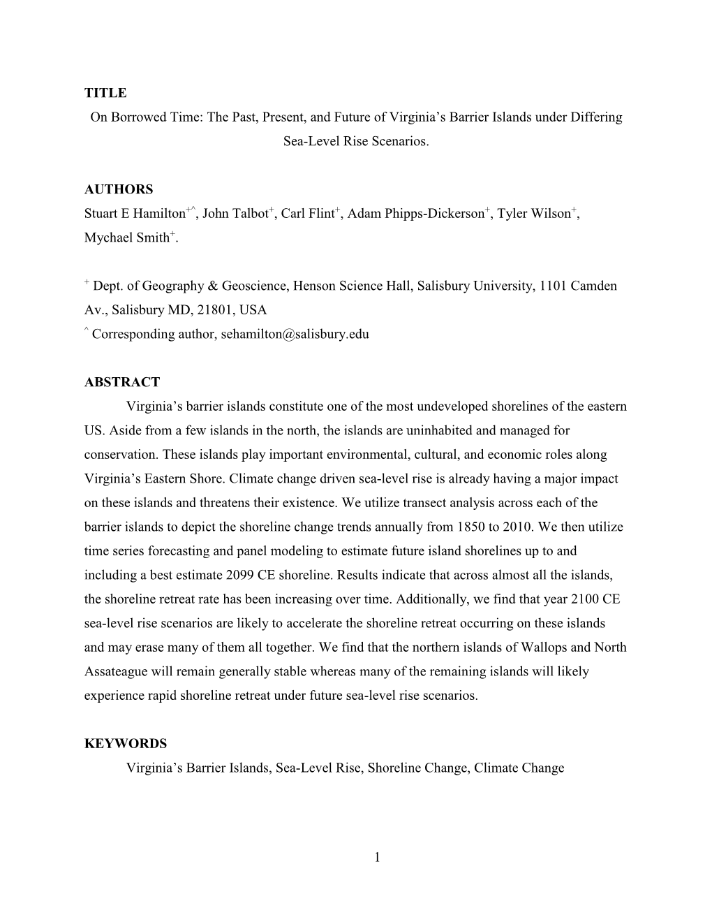 The Past, Present, and Future of Virginia's Barrier Islands Under Differing Sea-Level Rise Scenarios