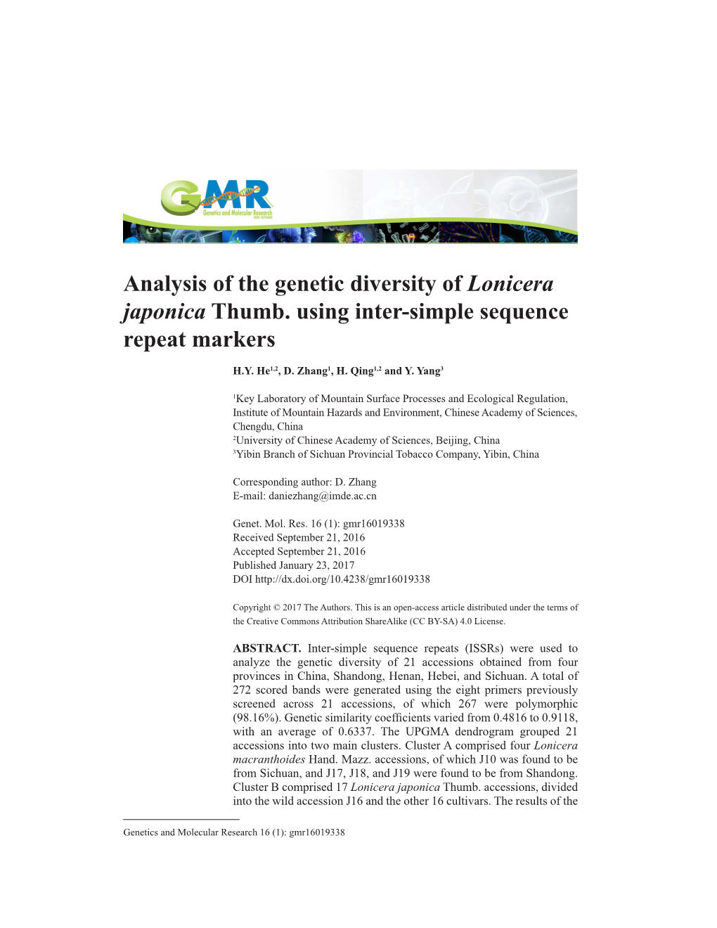 Analysis of the Genetic Diversity of Lonicera Japonica Thumb. Using Inter-Simple Sequence Repeat Markers