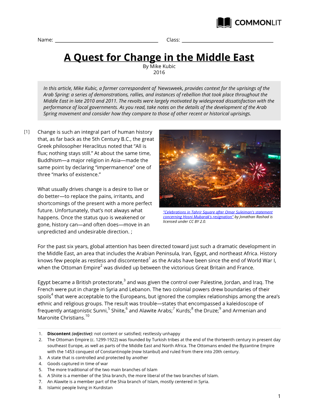 Commonlit | a Quest for Change in the Middle East