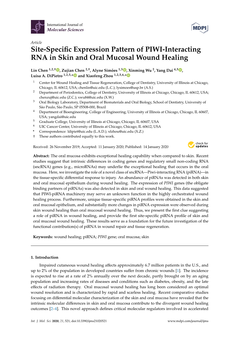 Site-Specific Expression Pattern of PIWI-Interacting RNA in Skin and Oral Mucosal Wound Healing