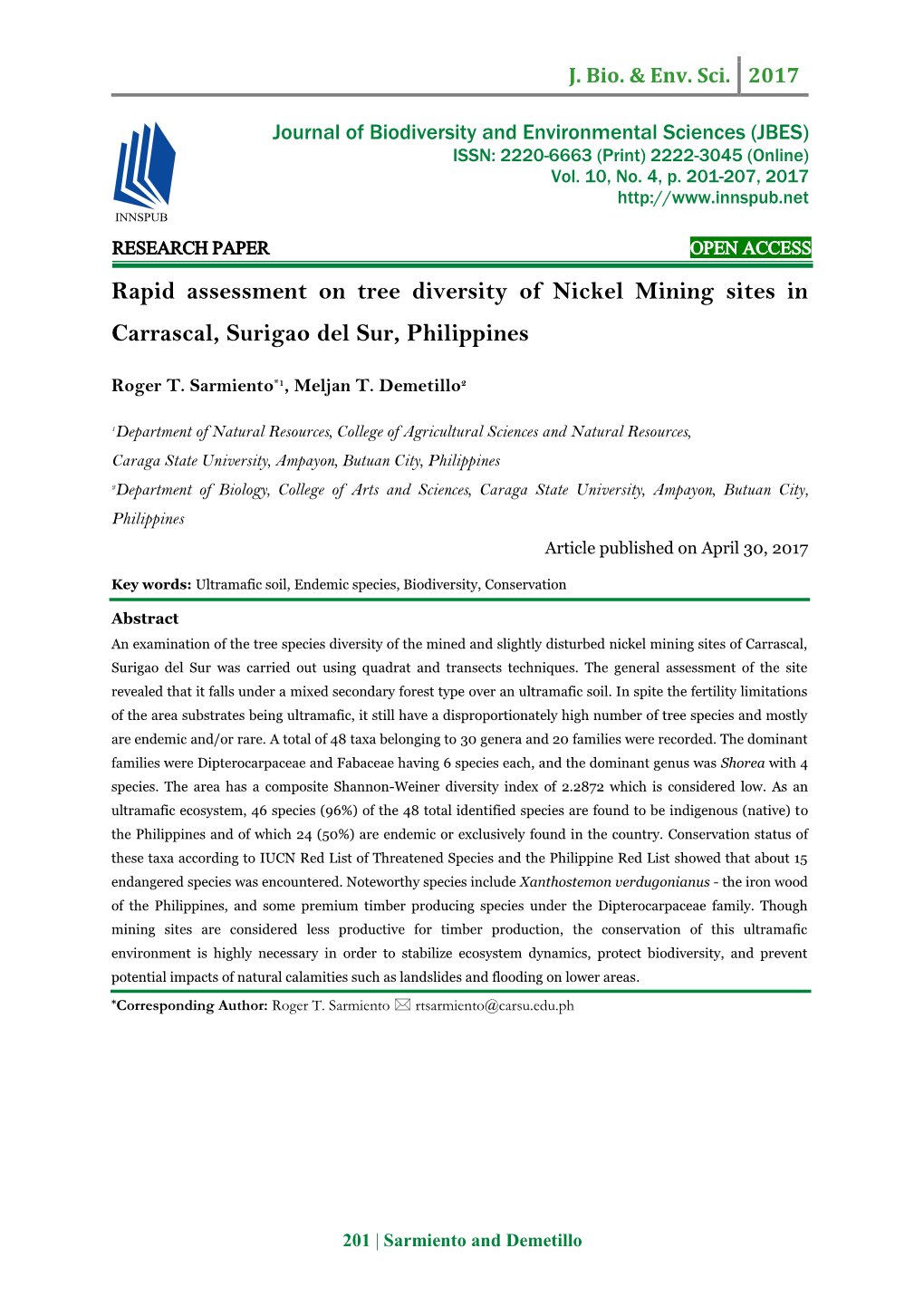 Rapid Assessment on Tree Diversity of Nickel Mining Sites in Carrascal, Surigao Del Sur, Philippines