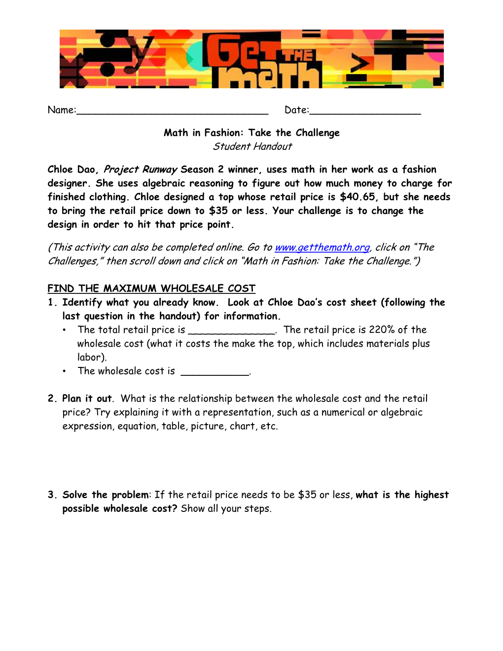 Student Handout (This Activity Can Also Be Completed Online. Go To