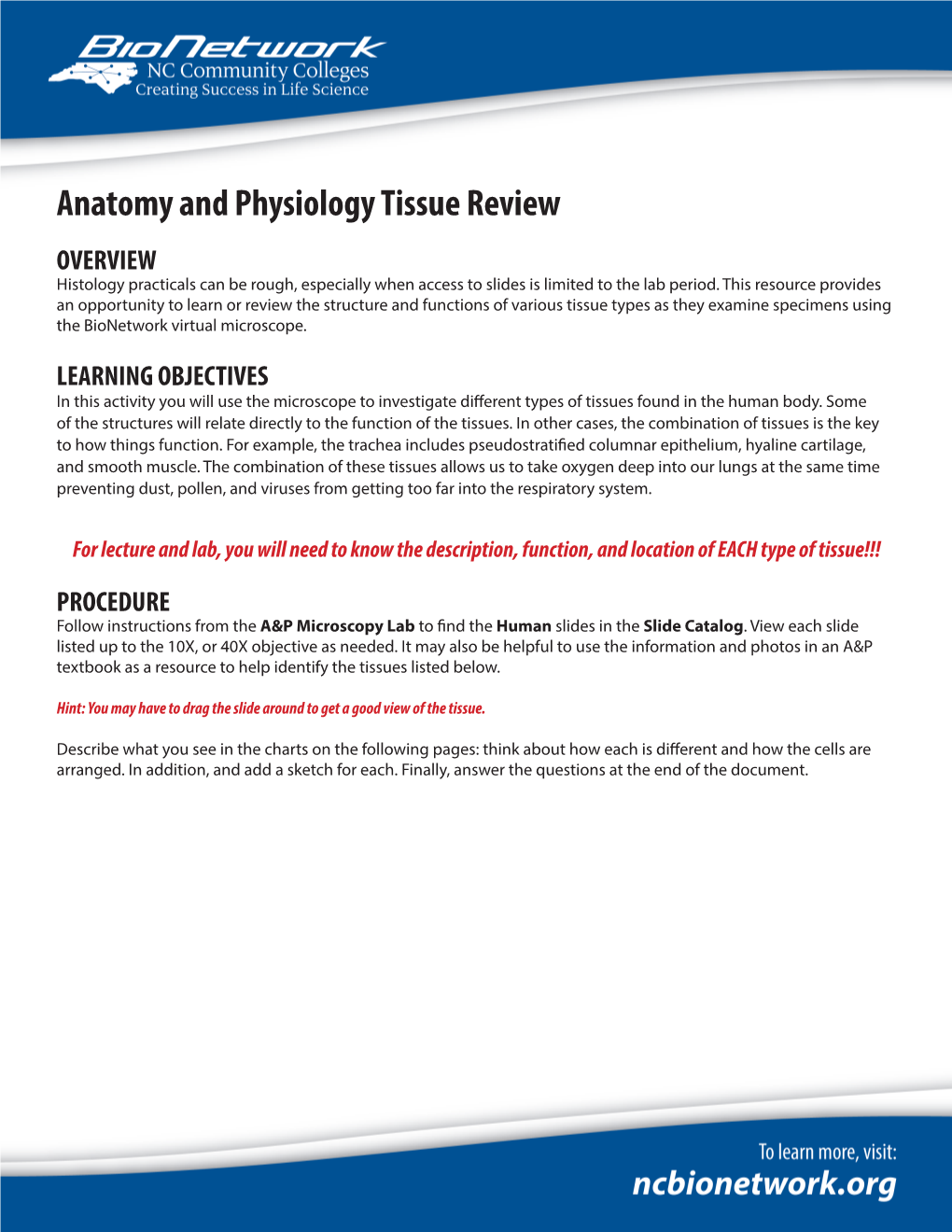 Anatomy and Physiology Tissue Review OVERVIEW Histology Practicals Can Be Rough, Especially When Access to Slides Is Limited to the Lab Period