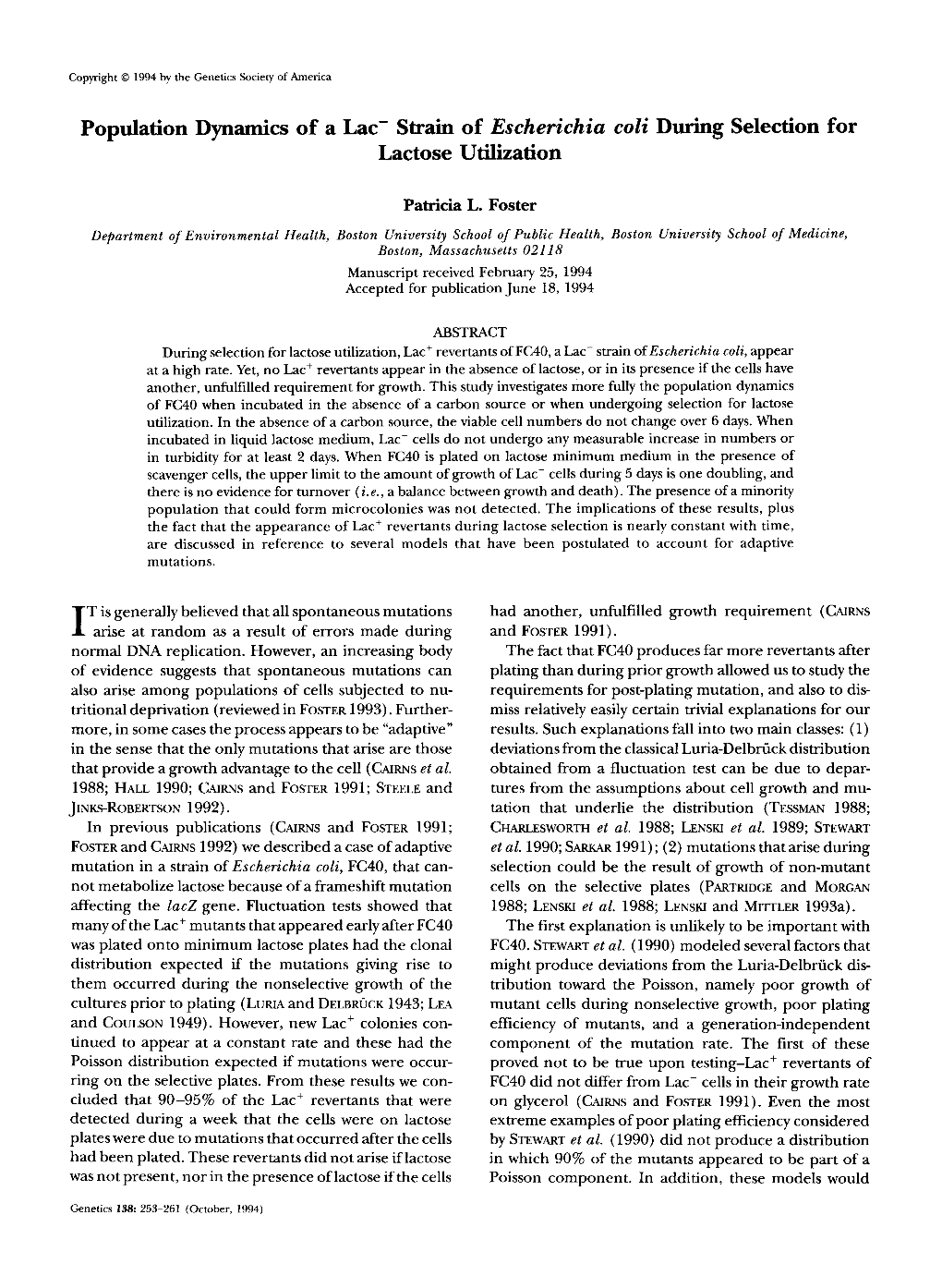 Population Dynamics of a Lac- Strain of Escherichia Coli During Selection for Lactose Utilization