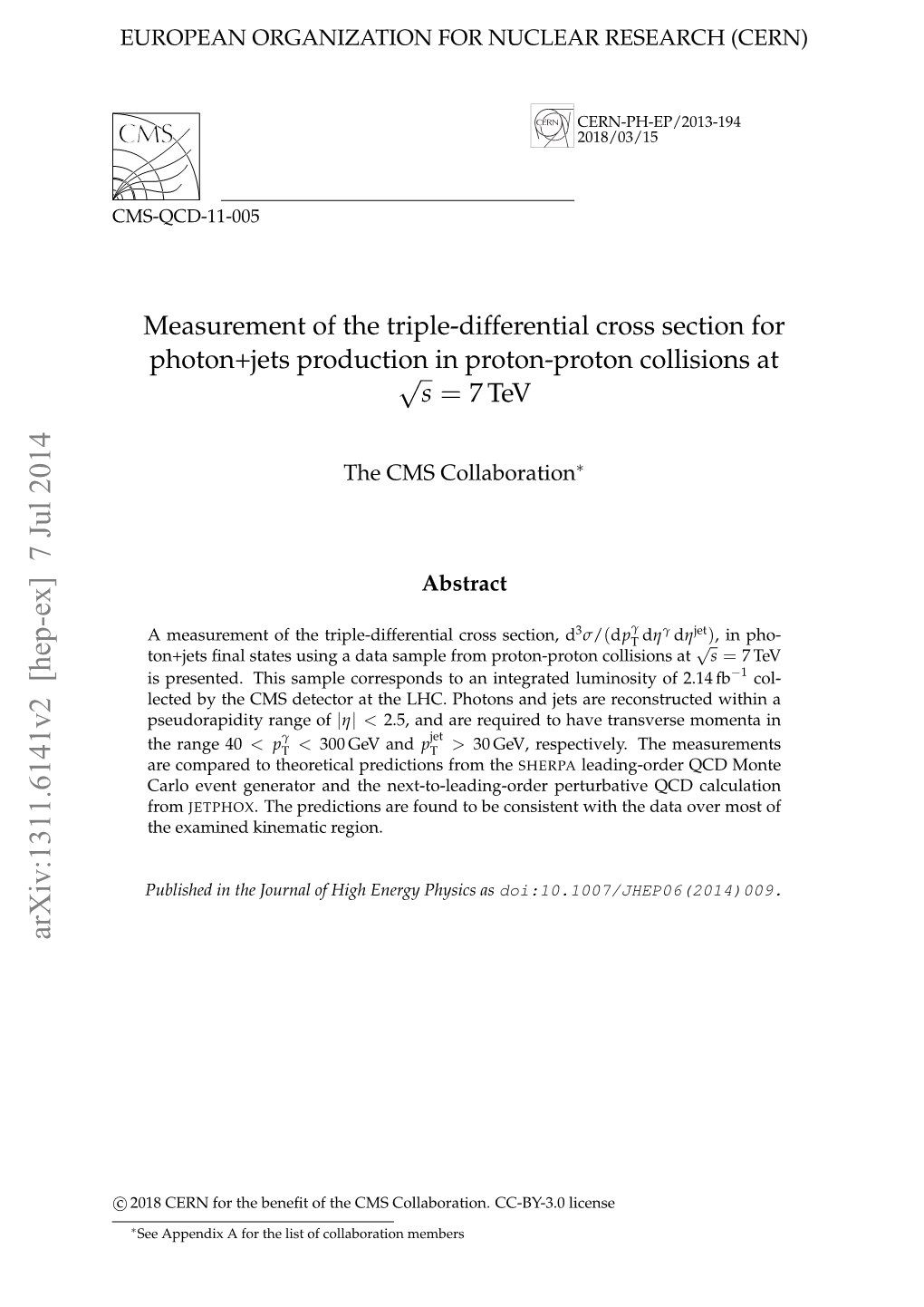 Measurement of the Triple-Differential Cross Section for Photon+Jets Production√ in Proton-Proton Collisions at S = 7 Tev