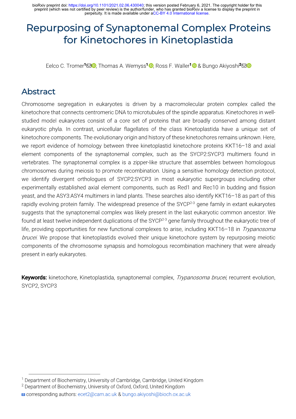 Repurposing of Synaptonemal Complex Proteins for Kinetochores in Kinetoplastida