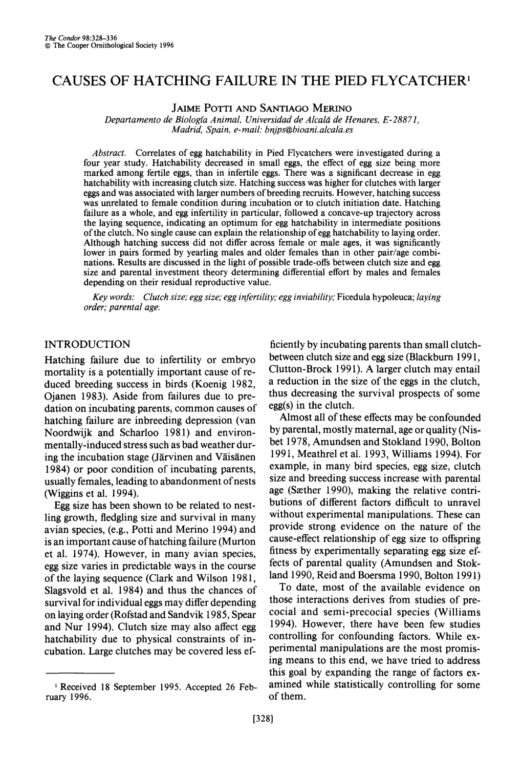 Causes of Hatching Failure in the Pied Flycatcher ’