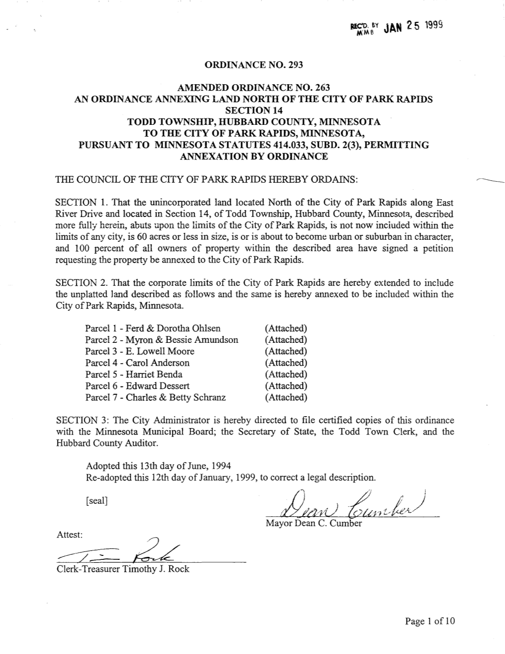 Ordinance No. 293 Amended Ordinance No. 263 an Ordinance Annexing Land North of the City of Park Rapids Section 14 Todd Township