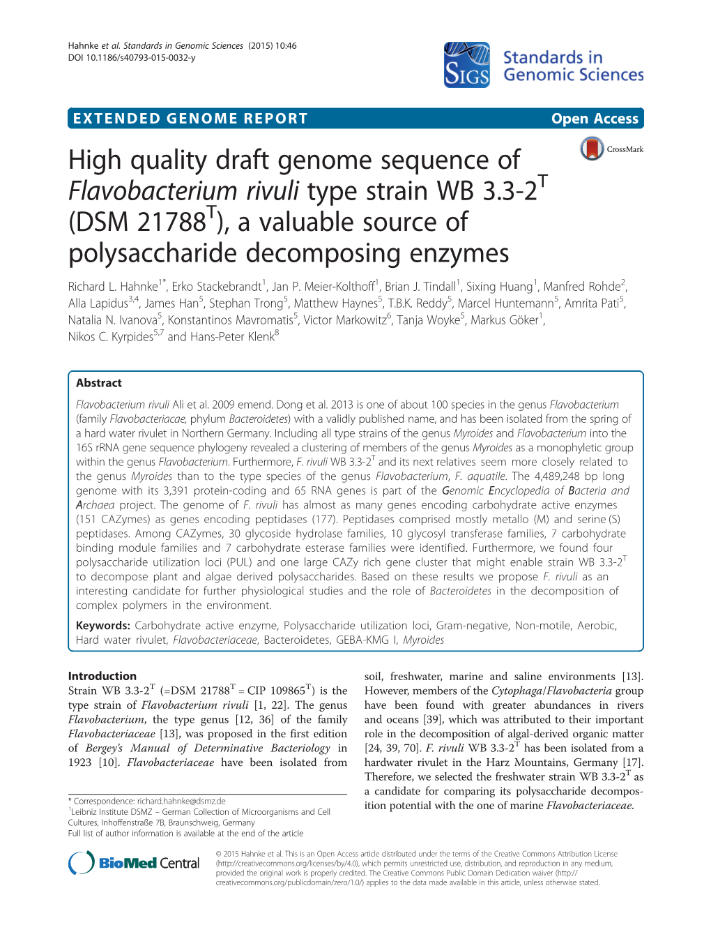 High Quality Draft Genome Sequence of Flavobacterium Rivuli Type Strain WB 3.3-2T (DSM 21788T), a Valuable Source of Polysaccharide Decomposing Enzymes Richard L