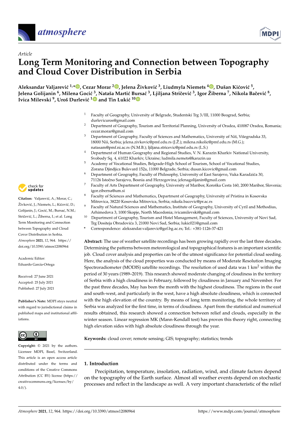 Long Term Monitoring and Connection Between Topography and Cloud Cover Distribution in Serbia